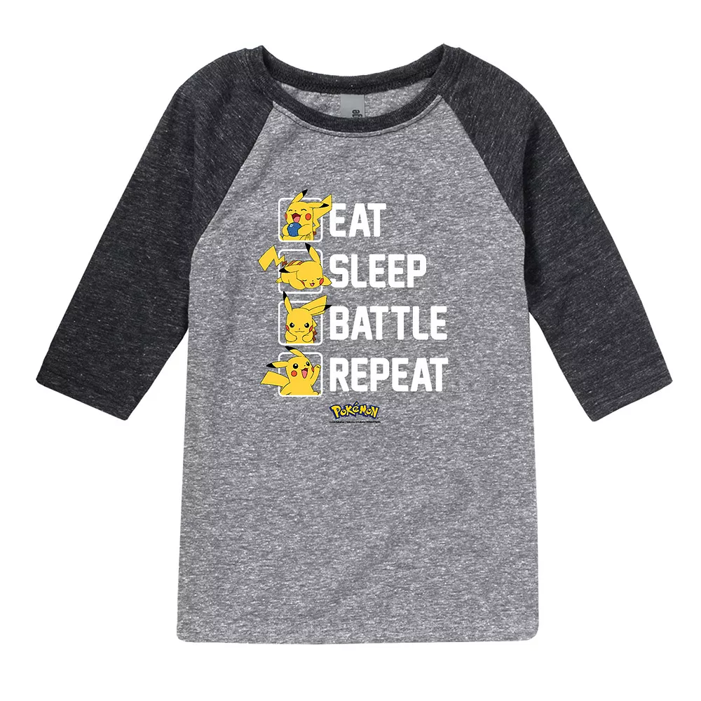 Boys 8-20 Pokemon Eat Sleep Battle Graphic Raglan Tee