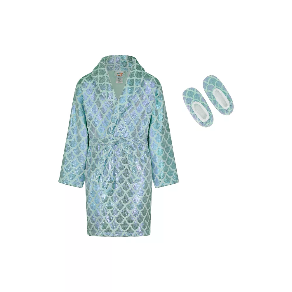Sleep On It Girls Shining Mermaid Plush Fleece Shawl Collar Robe with Matching Fleece Slippers