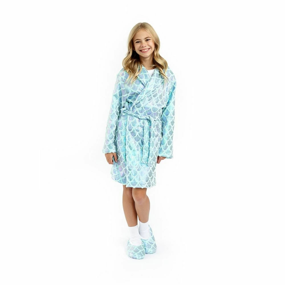 Sleep On It Girls Shining Mermaid Plush Fleece Shawl Collar Robe with Matching Fleece Slippers - Image 4