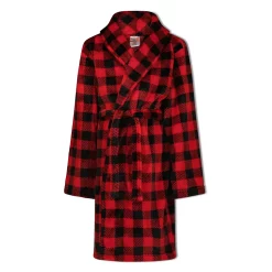 Sleep On It Boys Red Buffalo Plaid Plush Fleece Shawl Collar Robe with Matching Slippers