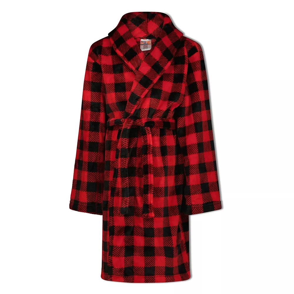 Sleep On It Boys Red Buffalo Plaid Plush Fleece Shawl Collar Robe with Matching Slippers