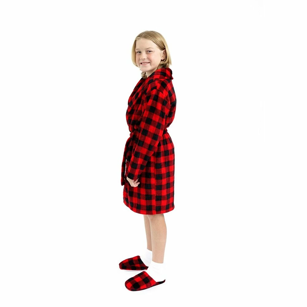 Sleep On It Boys Red Buffalo Plaid Plush Fleece Shawl Collar Robe with Matching Slippers - Image 3