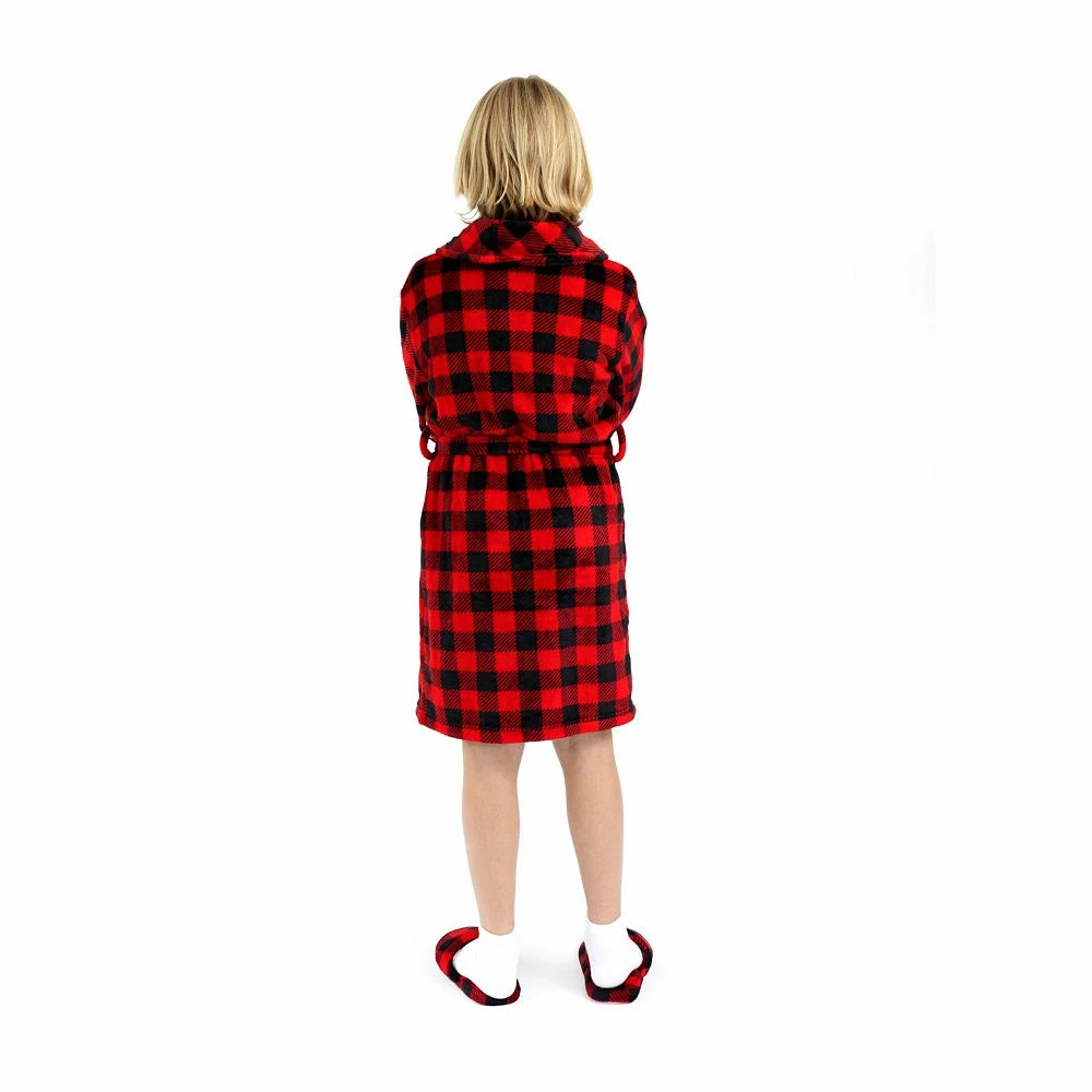 Sleep On It Boys Red Buffalo Plaid Plush Fleece Shawl Collar Robe with Matching Slippers - Image 4