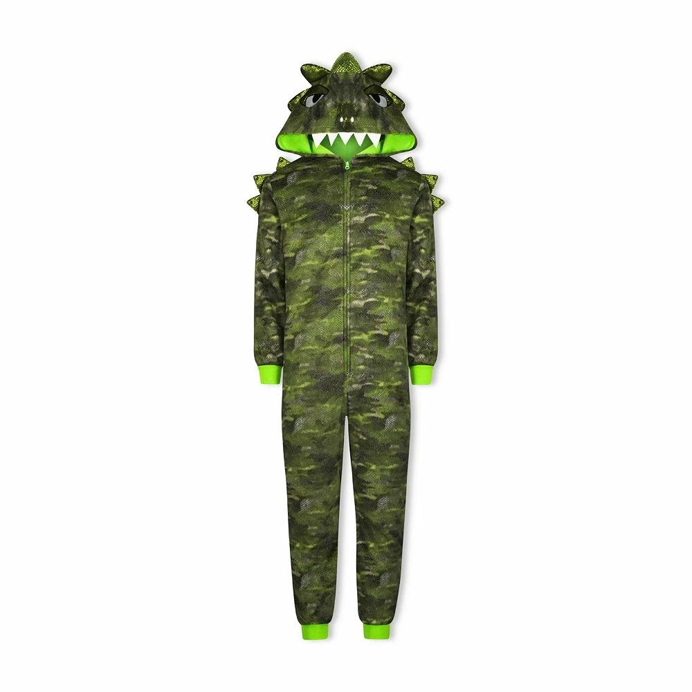 Sleep On It Boys Camo Dino Zip-Up Hooded Sleeper Pajama with Built Up 3D Character Hood