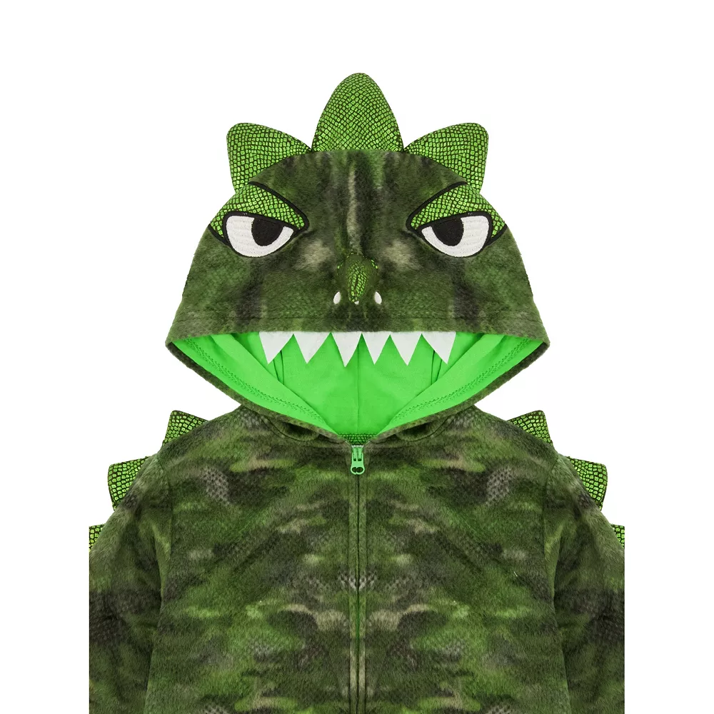 Sleep On It Boys Camo Dino Zip-Up Hooded Sleeper Pajama with Built Up 3D Character Hood - Image 2