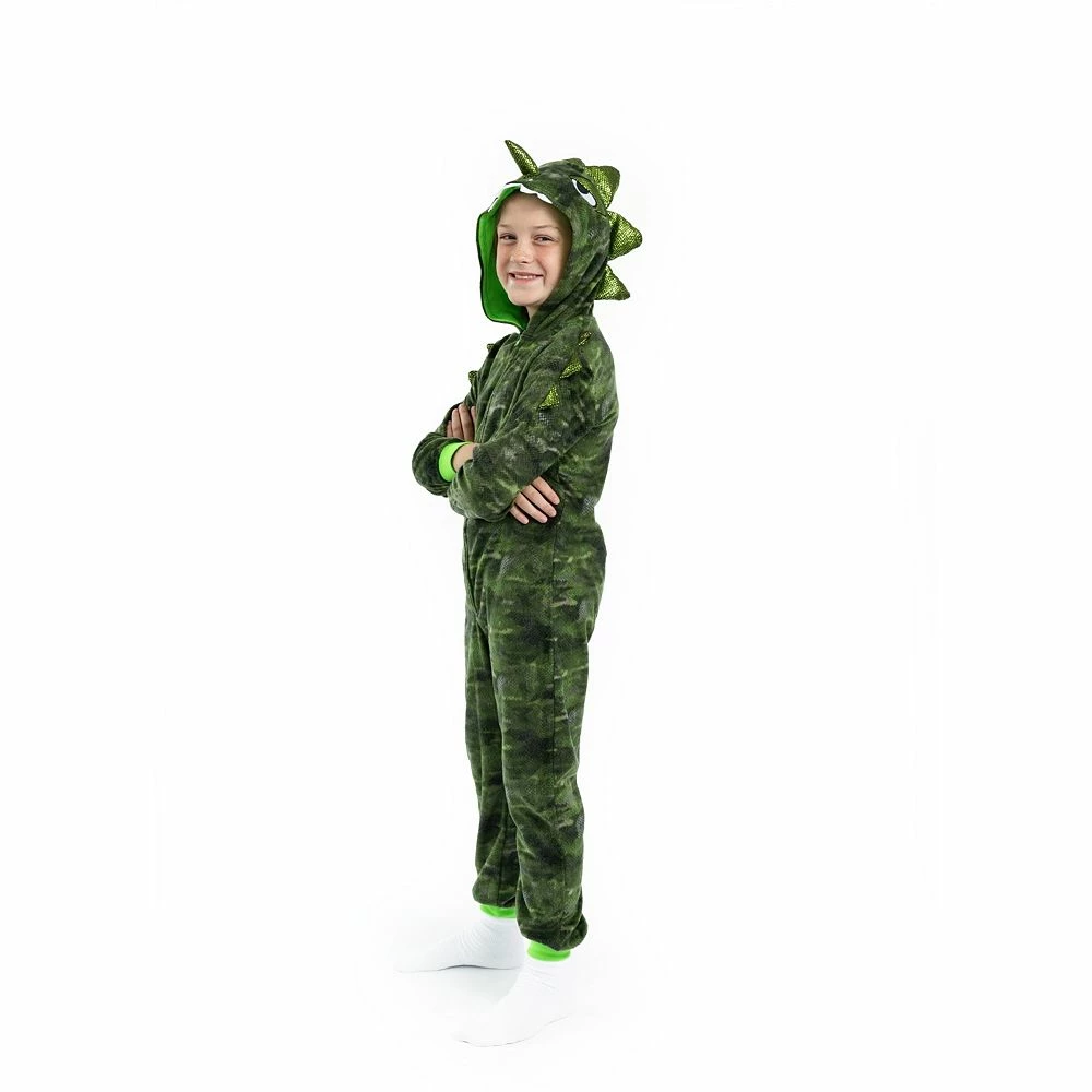 Sleep On It Boys Camo Dino Zip-Up Hooded Sleeper Pajama with Built Up 3D Character Hood - Image 3