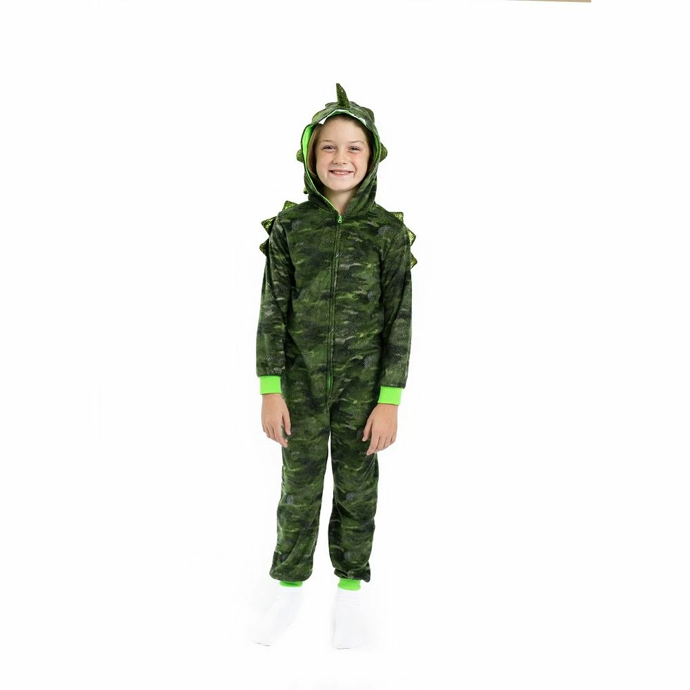 Sleep On It Boys Camo Dino Zip-Up Hooded Sleeper Pajama with Built Up 3D Character Hood - Image 4