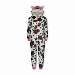 Sleep On It Girls Pretty Cow Leopard Zip-Up Hooded Sleeper Pajama with Built Up 3D Character Hood