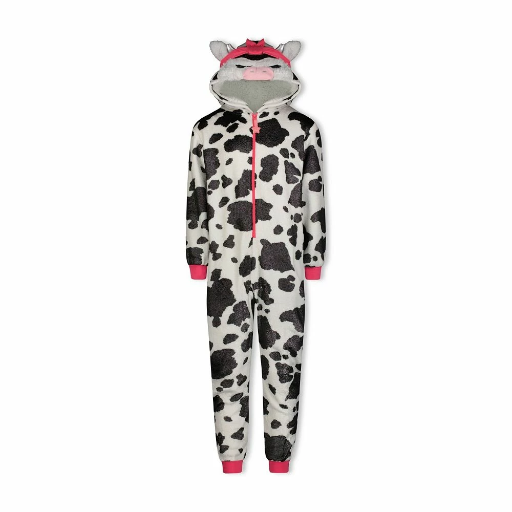 Sleep On It Girls Pretty Cow Leopard Zip-Up Hooded Sleeper Pajama with Built Up 3D Character Hood