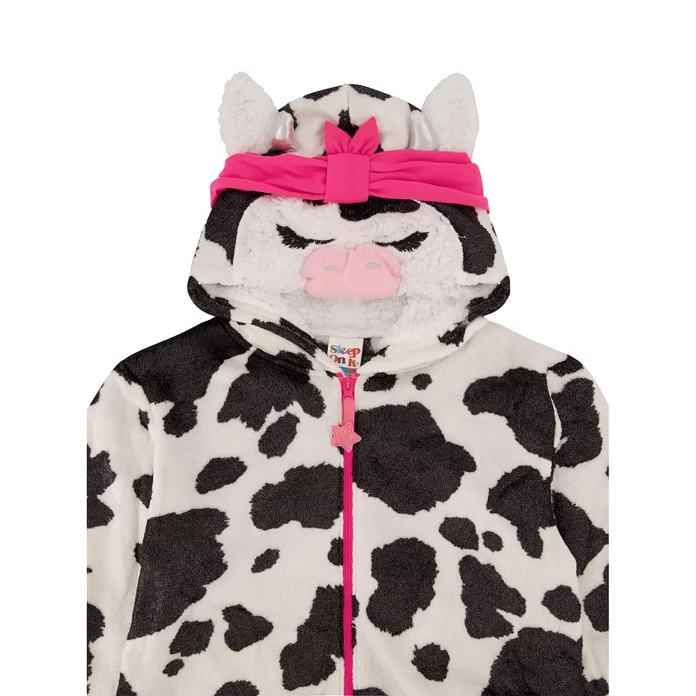 Sleep On It Girls Pretty Cow Leopard Zip-Up Hooded Sleeper Pajama with Built Up 3D Character Hood - Image 2