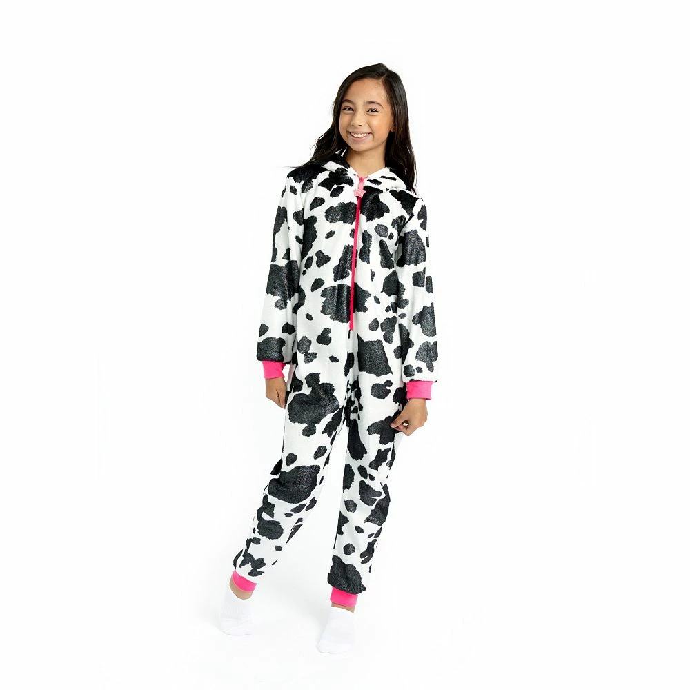 Sleep On It Girls Pretty Cow Leopard Zip-Up Hooded Sleeper Pajama with Built Up 3D Character Hood - Image 3