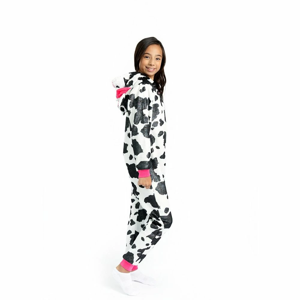 Sleep On It Girls Pretty Cow Leopard Zip-Up Hooded Sleeper Pajama with Built Up 3D Character Hood - Image 4