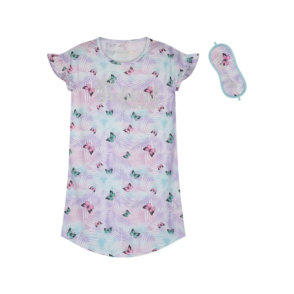 Sleep On It Girls Tropical Butterflies Pajama Sleep Shirt With Matching Sleep Mask