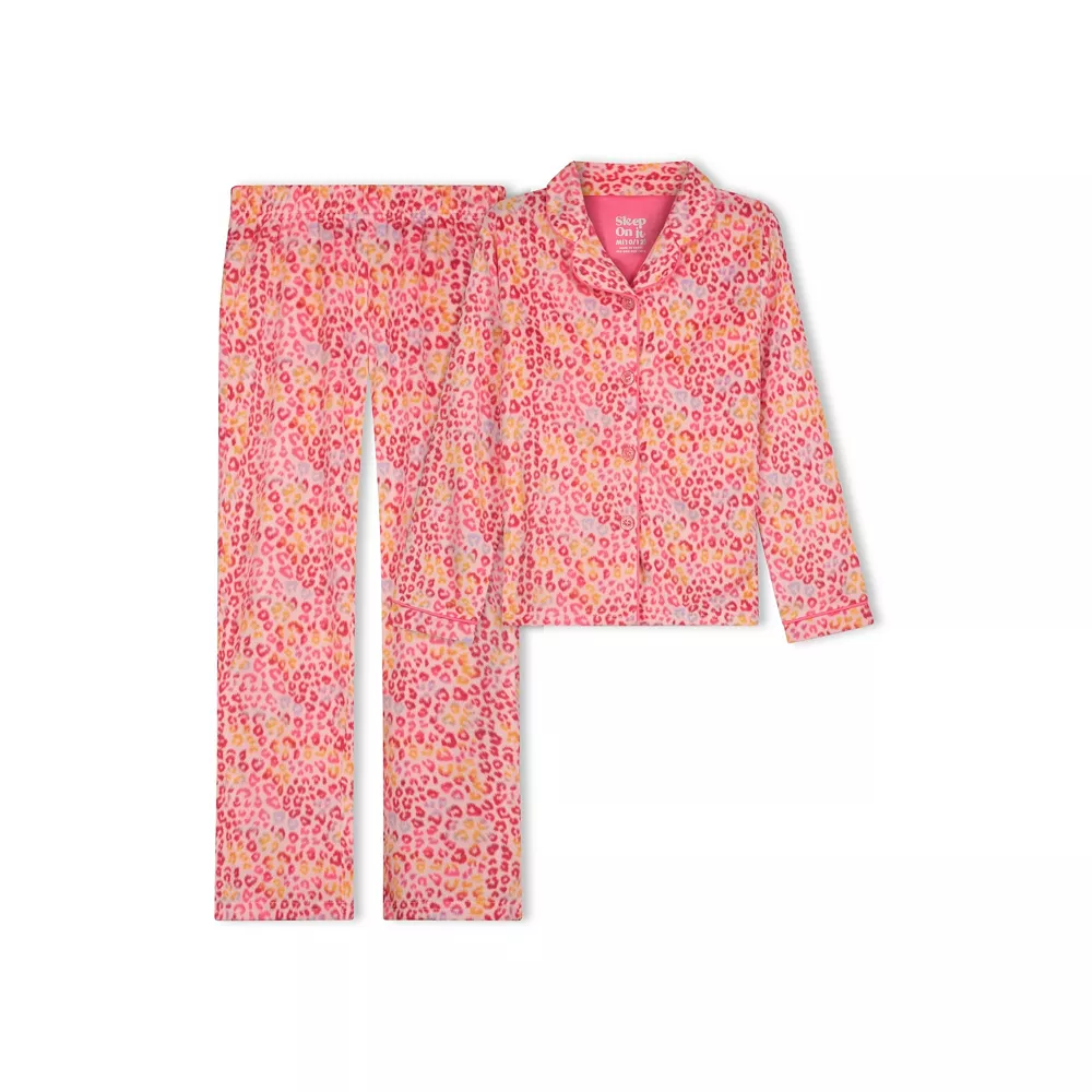 Sleep On It Girls Leopard 2-Piece Button Up Fleece Coat Pajama Sleep Set