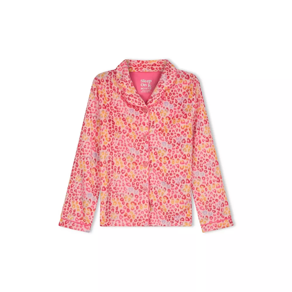 Sleep On It Girls Leopard 2-Piece Button Up Fleece Coat Pajama Sleep Set - Image 2