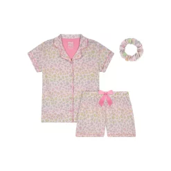 Sleep On It Girls Pastel Leopard 2-Piece Coat Pajama Sleep Set With Matching Scrunchie
