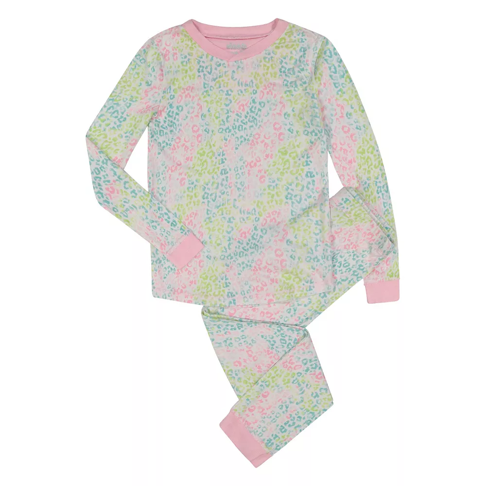Sleep On It Girls Rainbow Leapord Super Soft Snug Fit 2-Piece Pajama Sleep Set