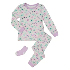 Sleep On It Infant/Toddler Girls Vibrant Butterflies Snug Fit 2-Piece Pajama Sleep Set with Matching Socks
