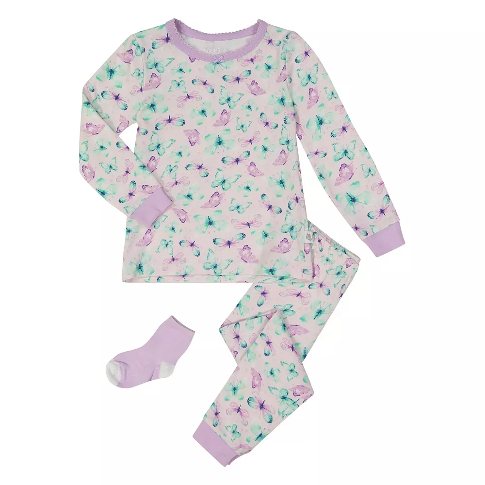 Sleep On It Infant/Toddler Girls Vibrant Butterflies Snug Fit 2-Piece Pajama Sleep Set with Matching Socks