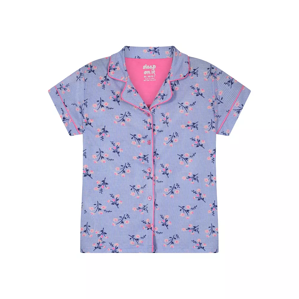 Sleep On It Girls Pinstripe Blossom 2-Piece Coat Pajama Sleep Set With Matching Scrunchie - Image 2