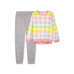 Sleep On It Girls Rainbow Checkerboard Plush Fleece 2-Piece Legging Pajama Sleep Set