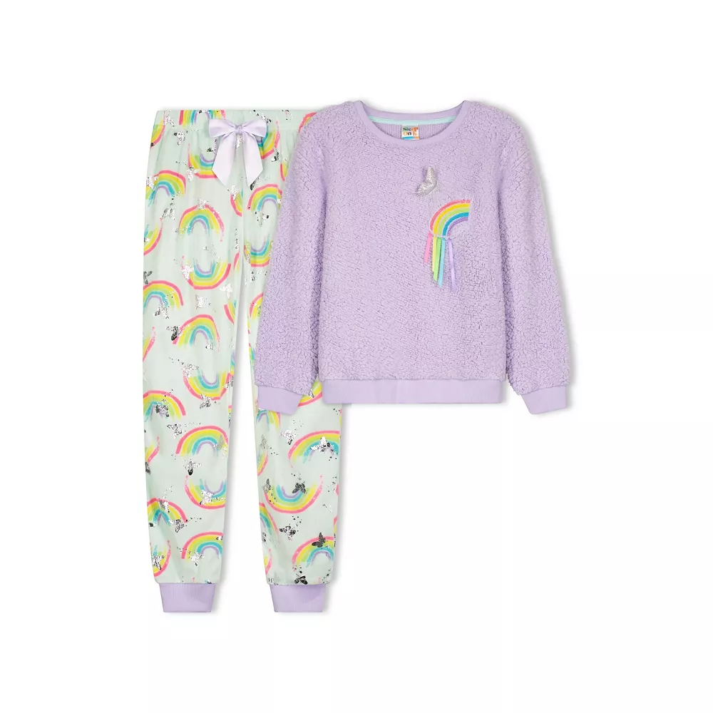 Sleep On It Girls Butterflies and Rainbows Soft Novelty Fleece 2-Piece Pajama Sleep Pant Set - Image 2